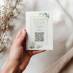 Romantic Pink green Floral Wedding RSVP QR Code Enclosure Card