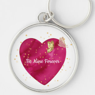 Romantic Pink Heart & Gold Butterfly  Keychain