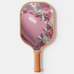 Romantic Pink Heart Rose & Butterfly Elegant Pickleball Paddle