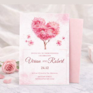 Romantic Pink Heart Tree Watercolor Wedding Invita Invitation