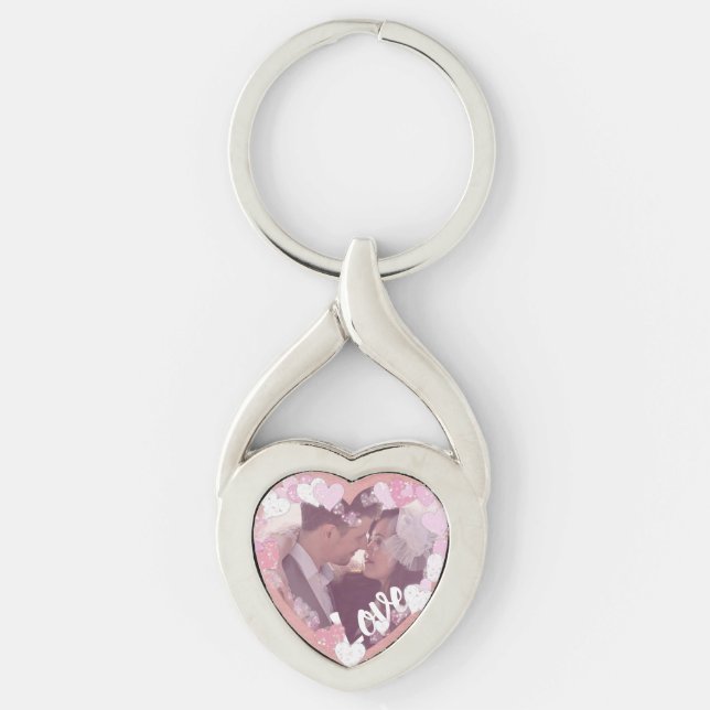 Romantic Pink Hearts Love Custom Photo Keychain (Front)