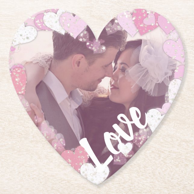 Romantic Pink Hearts Love Custom  Photo Paper Coaster (Front)