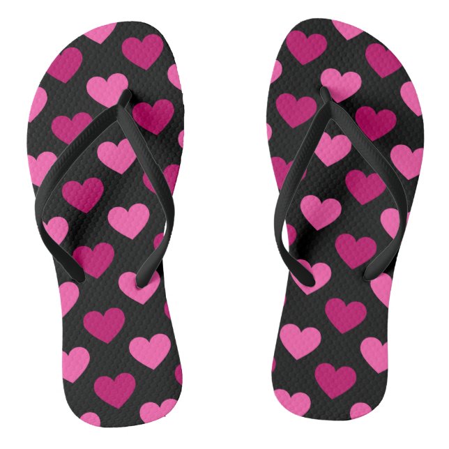 Romantic pink hearts on black pattern flip flops (Footbed)