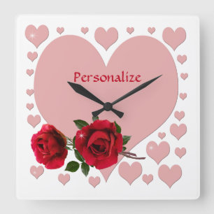 Romantic Pink Hearts & Red Roses Personalize Squar Square Wall Clock