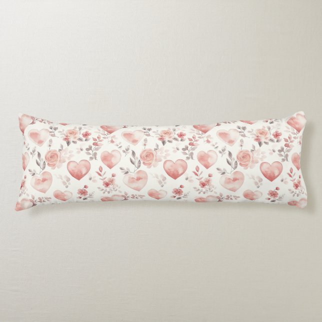 Romantic Pink Hearts Roses Floral Body Pillow (Front)
