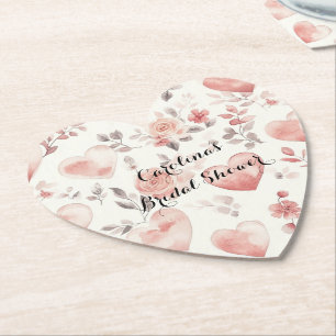 Romantic Pink Hearts Roses Floral Bridal Shower Paper Coaster