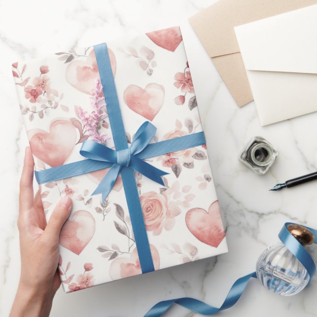 Romantic Pink Hearts Roses Floral Bridal Shower Wrapping Paper (Gifting)