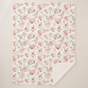 Romantic Pink Hearts Roses Floral Sherpa Blanket
