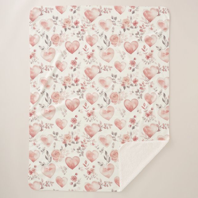 Romantic Pink Hearts Roses Floral Sherpa Blanket (Front)
