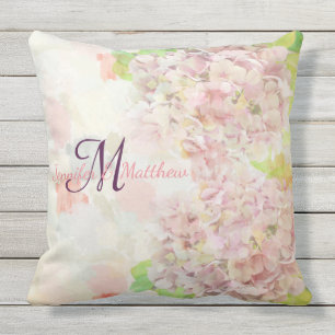 Romantic pink Hydrangea & custom monogram / text Throw Pillow