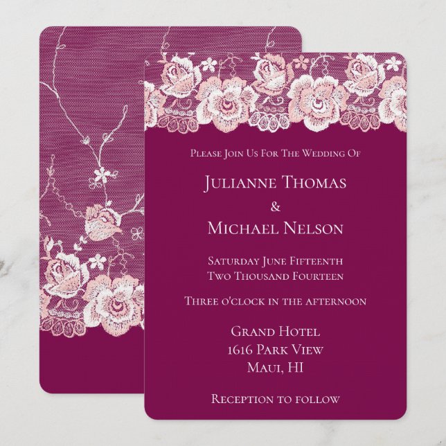 Romantic Pink Lace Floral Wedding Invitation (Front/Back)