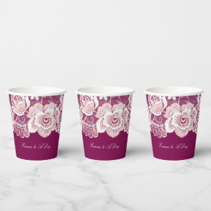 Romantic Pink Lace Floral Wedding Paper Cups