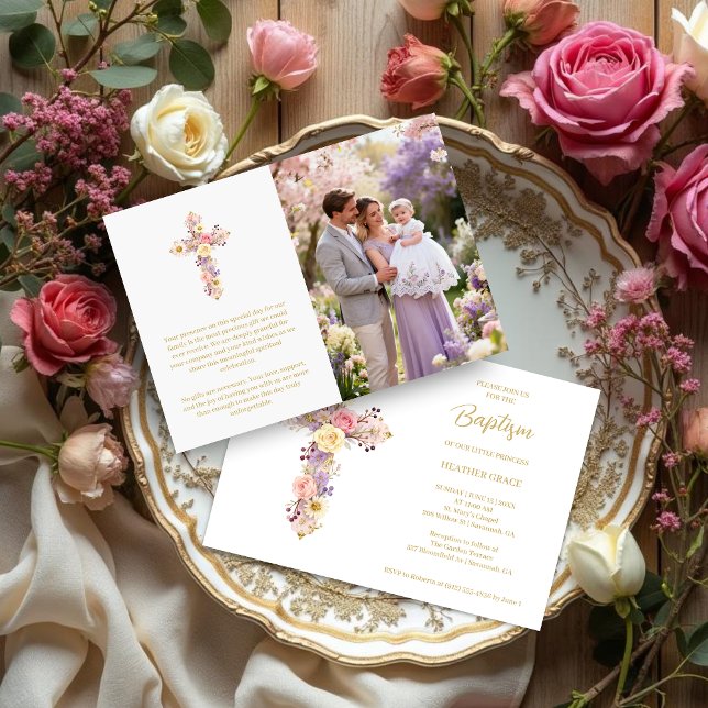Romantic Pink Lilac Floral Cross Baptism Invitation (Romantic Pink Lilac Christian Floral Cross Baptism Invitation. )