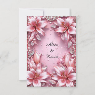 Romantic Pink LIly Pearl Floral Wedding 🌸💍💖✨ Invitation
