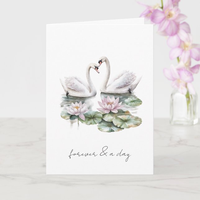 Romantic Pink Lotus Floral Swans Forever Love  Card (Orchid)