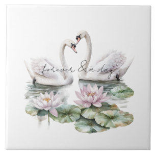 Romantic Pink Lotus Floral Swans Wedding Tile