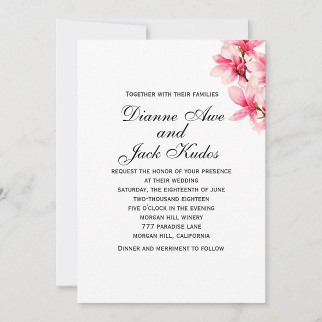 Romantic Pink Magnolia Floral Wedding Invitation (Front)