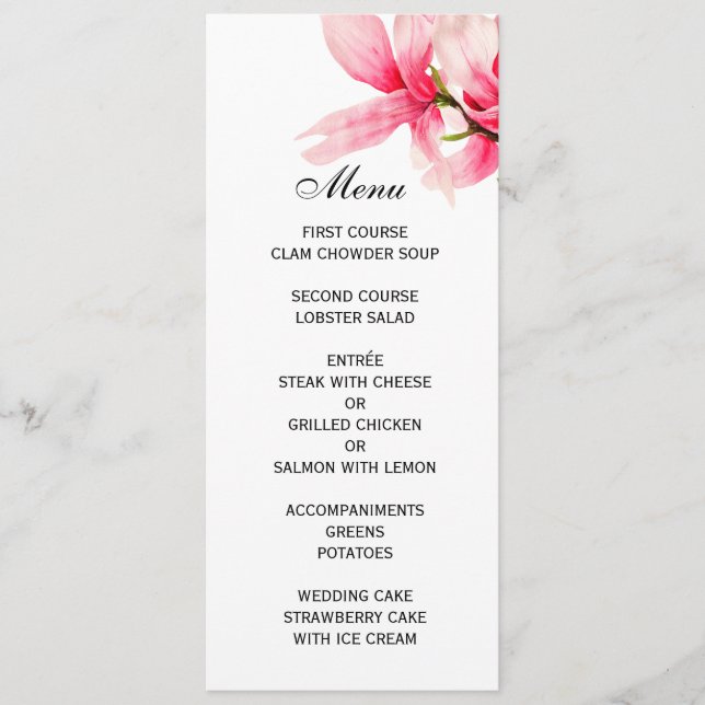 Romantic Pink Magnolia Floral Wedding Menu (Front)