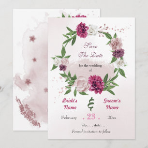 Romantic pink mauve burgundy floral wreath save the date