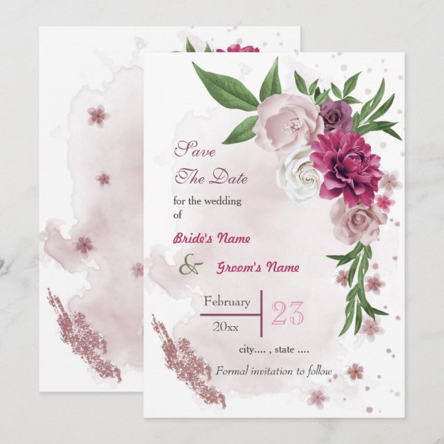 Romantic pink mauve white flowers greenery  save the date (Front/Back)