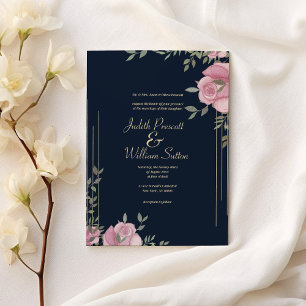 Romantic pink navy blue gold floral wedding  invitation