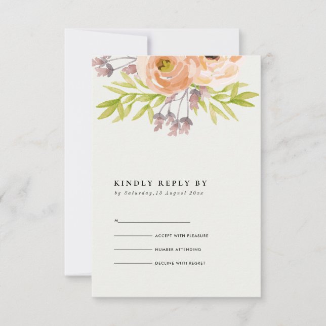ROMANTIC PINK PEACH BLUSH OFF WHITE FLORAL RSVP (Front)