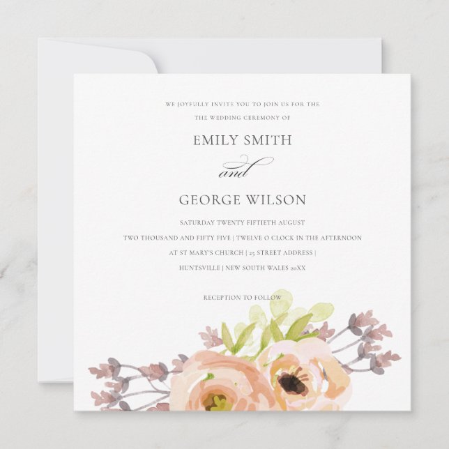 ROMANTIC PINK PEACH BLUSH PURPLE FLORAL WEDDING INVITATION (Front)