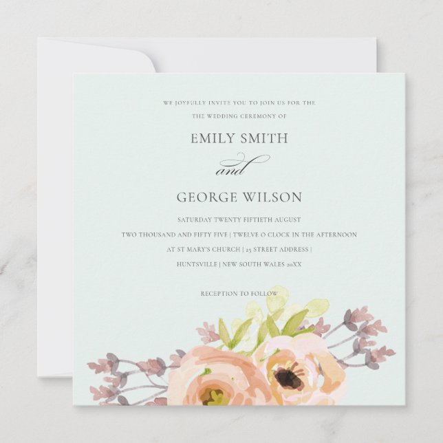 ROMANTIC PINK PEACH BLUSH SOFT BLUE FLORAL WEDDING INVITATION (Front)