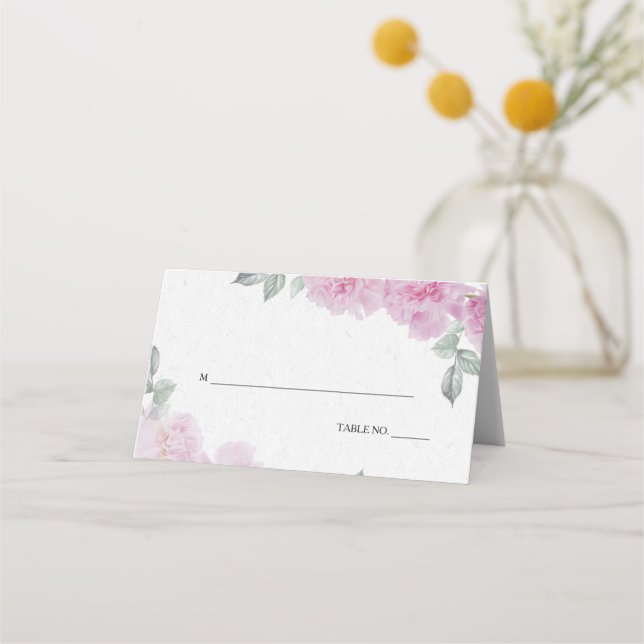 Romantic Pink Peonies Rice Paper BarefootBride™ Place Card (Front)