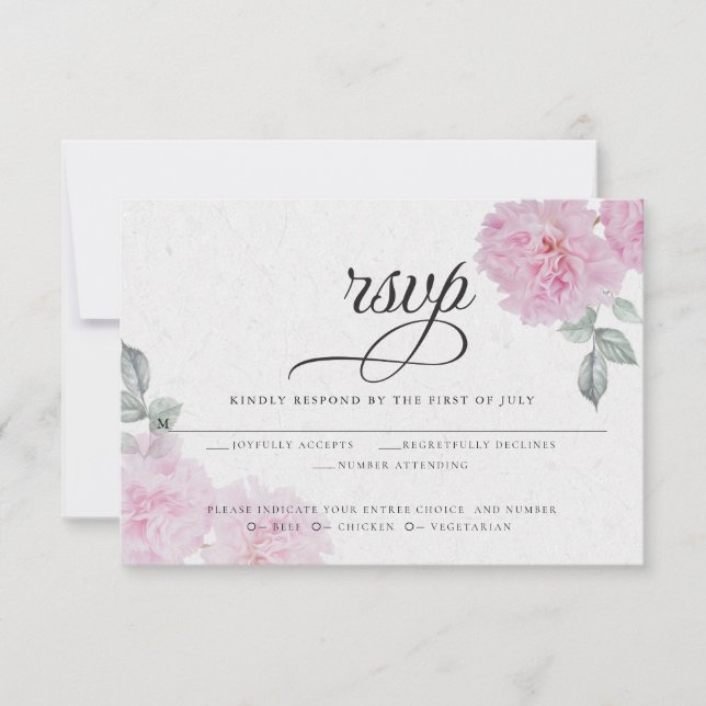 Romantic Pink Peonies Rice Paper BarefootBride™ RSVP Card (Front)