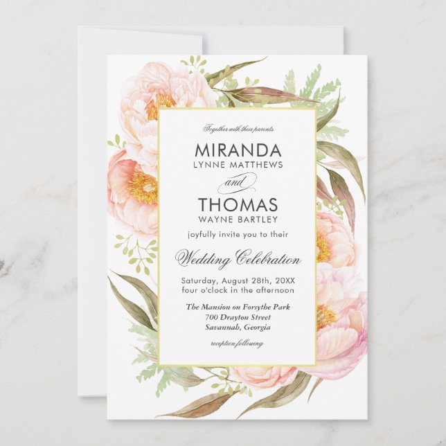 Romantic Pink Peonies Watercolor Floral Wedding Invitation (Front)