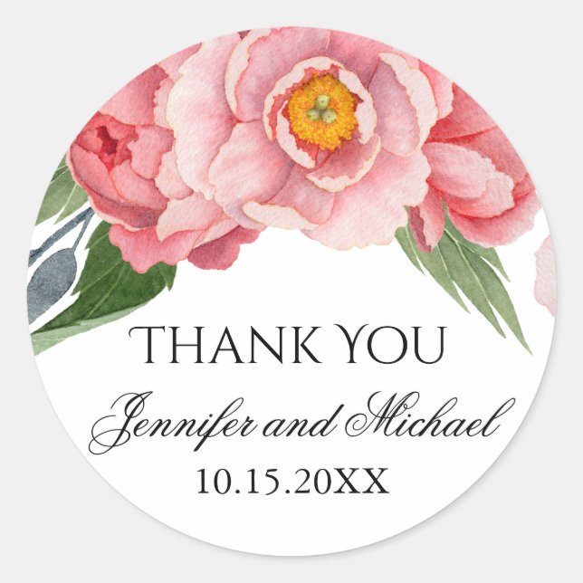 Romantic Pink Peonies Wedding Thank You Classic Round Sticker (Front)