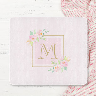 Romantic Pink Peony Botanical Initial Glass Cutting Board
