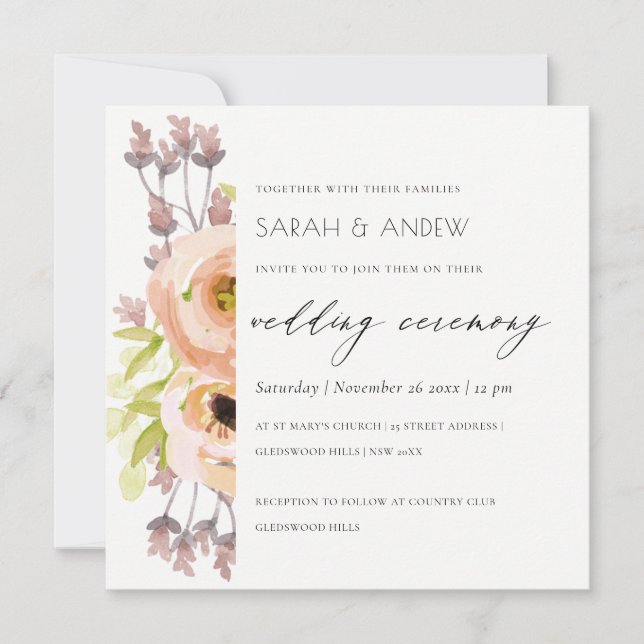ROMANTIC PINK, PURPLE, BLUE FLORAL SCRIPT WEDDING INVITATION (Front)