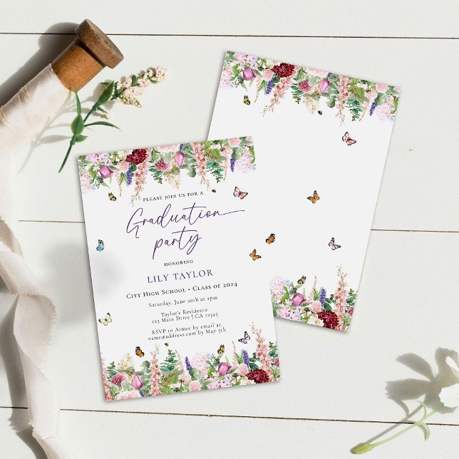 Romantic Pink Purple Floral Graduation Party  Invitation (Creator Uploaded)