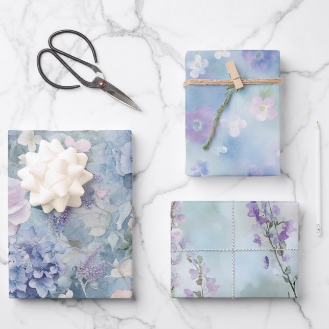 Romantic Pink Purple Floral Wedding Wrapping Paper Sheet (Front)