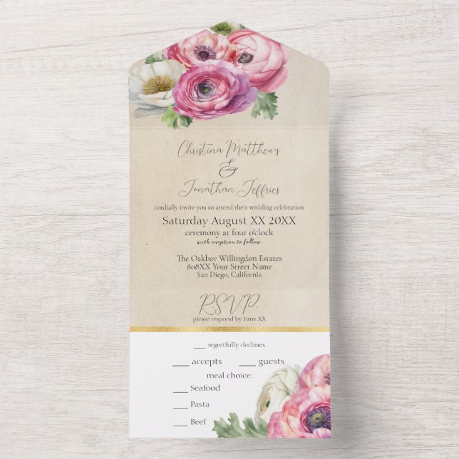 Romantic Pink Ranunculus on Rustic Parchment All In One Invitation (Inside)