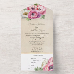 Romantic Pink Ranunculus on Rustic Parchment All In One Invitation