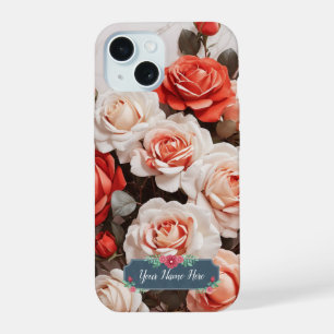 Romantic Pink Red Roses Flowers on White Marble iPhone 15 Case