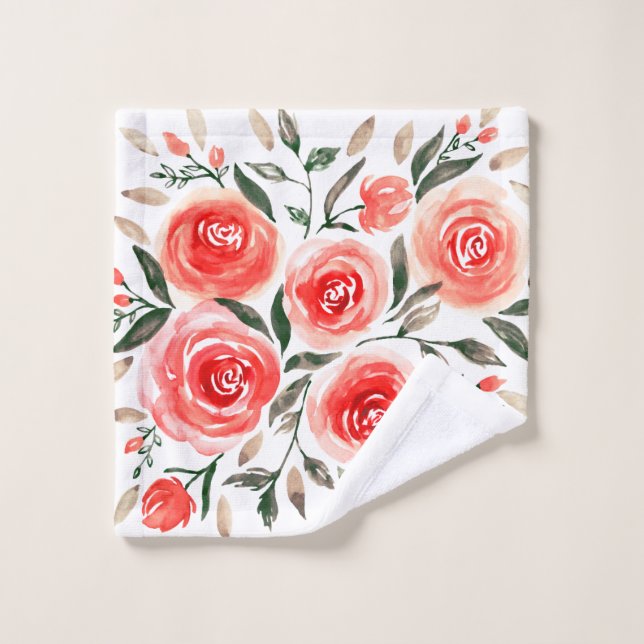 Romantic Pink Red Watercolor Roses Floral Wash Cloth (Wash Cloth)