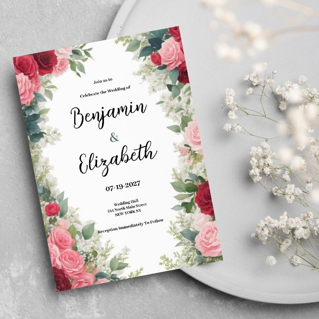 Romantic pink red white mint roses floral Wedding Invitation (Romantic pink red white mint roses floral Wedding )