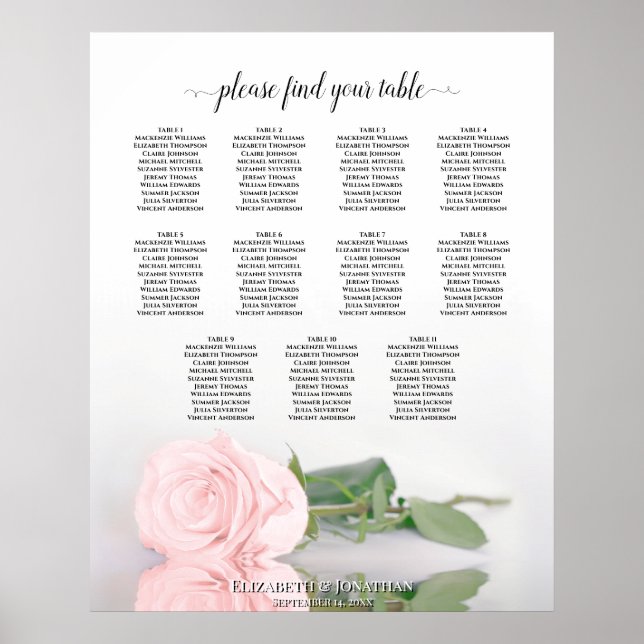 Romantic Pink Rose 11 Table Wedding Seating Chart (Front)