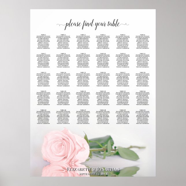 Romantic Pink Rose 30 Table Wedding Seating Chart (Front)