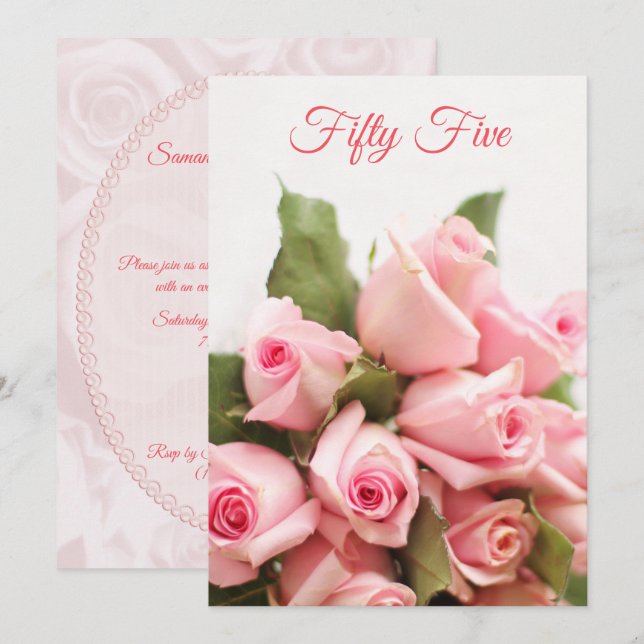 Romantic Pink Rose Bouquet 55th Birthday Invitation (Front/Back)
