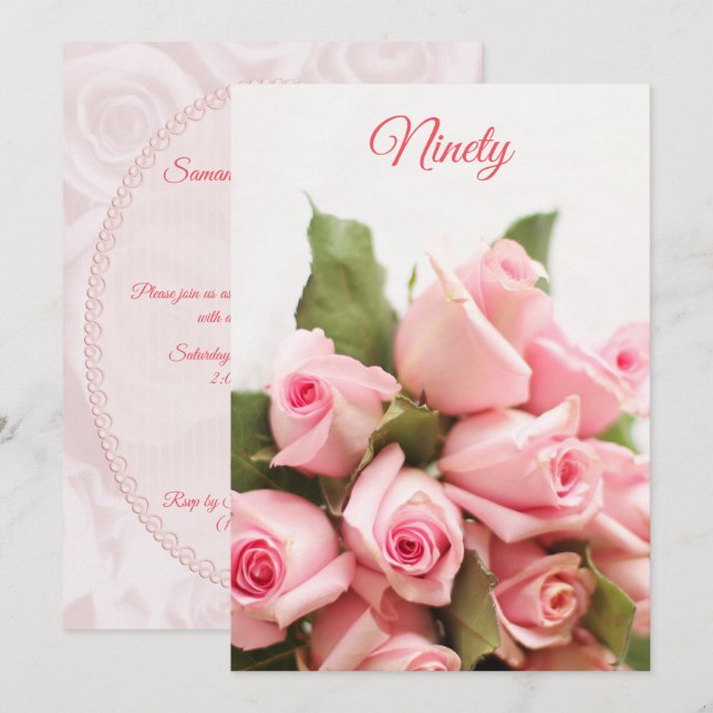 Romantic Pink Rose Bouquet 90th Birthday Invitation (Front/Back)