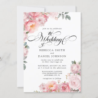 Romantic Pink Rose Calligraphy Floral Wedding Invitation