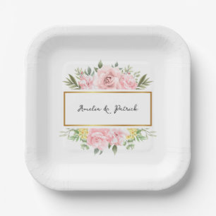 Romantic Pink Rose Floral Custom Party Paper Plate