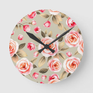 Romantic Pink Rose Floral Pattern Round Clock