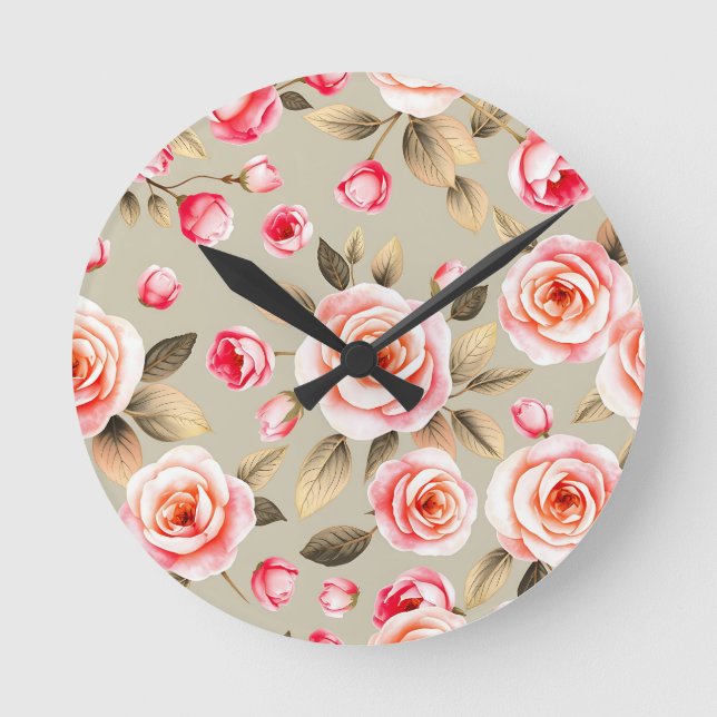 Romantic Pink Rose Floral Pattern Round Clock (Front)