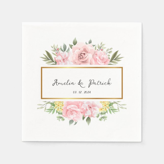 Romantic Pink Rose Floral Personalized Party Paper Napkin (Front)